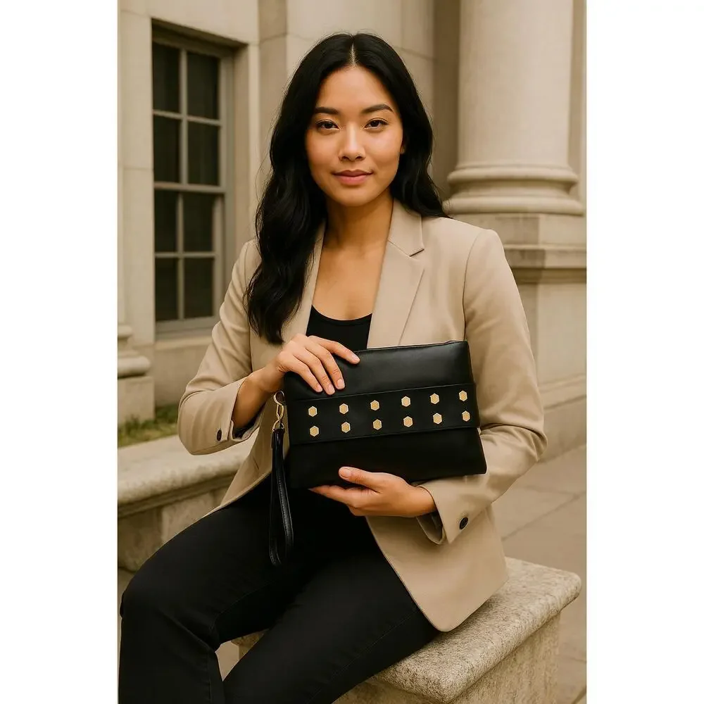 Get Up, Grab It and Go Oversized Studded Wristlet Clutch